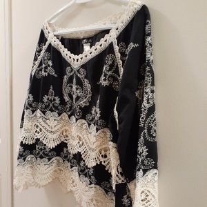 Venus boho top, cotton, size 10, black with  pretty cream embroidery stitching